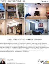 Printable PDF flyer of 700 W University Dr 232. 4 Photos & Short Description