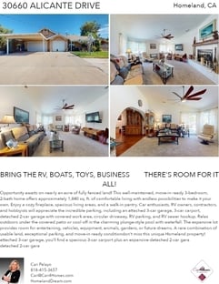 Printable PDF flyer of 30660 Alicante Drive. 4 Photos & Short Description