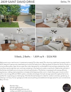 Printable PDF flyer of 2839 Saint David Drive. 4 Photos & Short Description